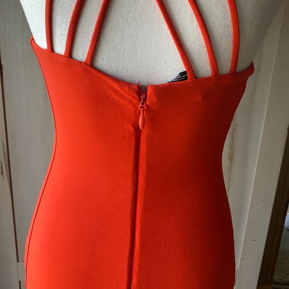 Bebe Bright Red Halter Cocktail Midi Dress Criss Cross Back S Bodycon Sexy - Picture 6 of 8